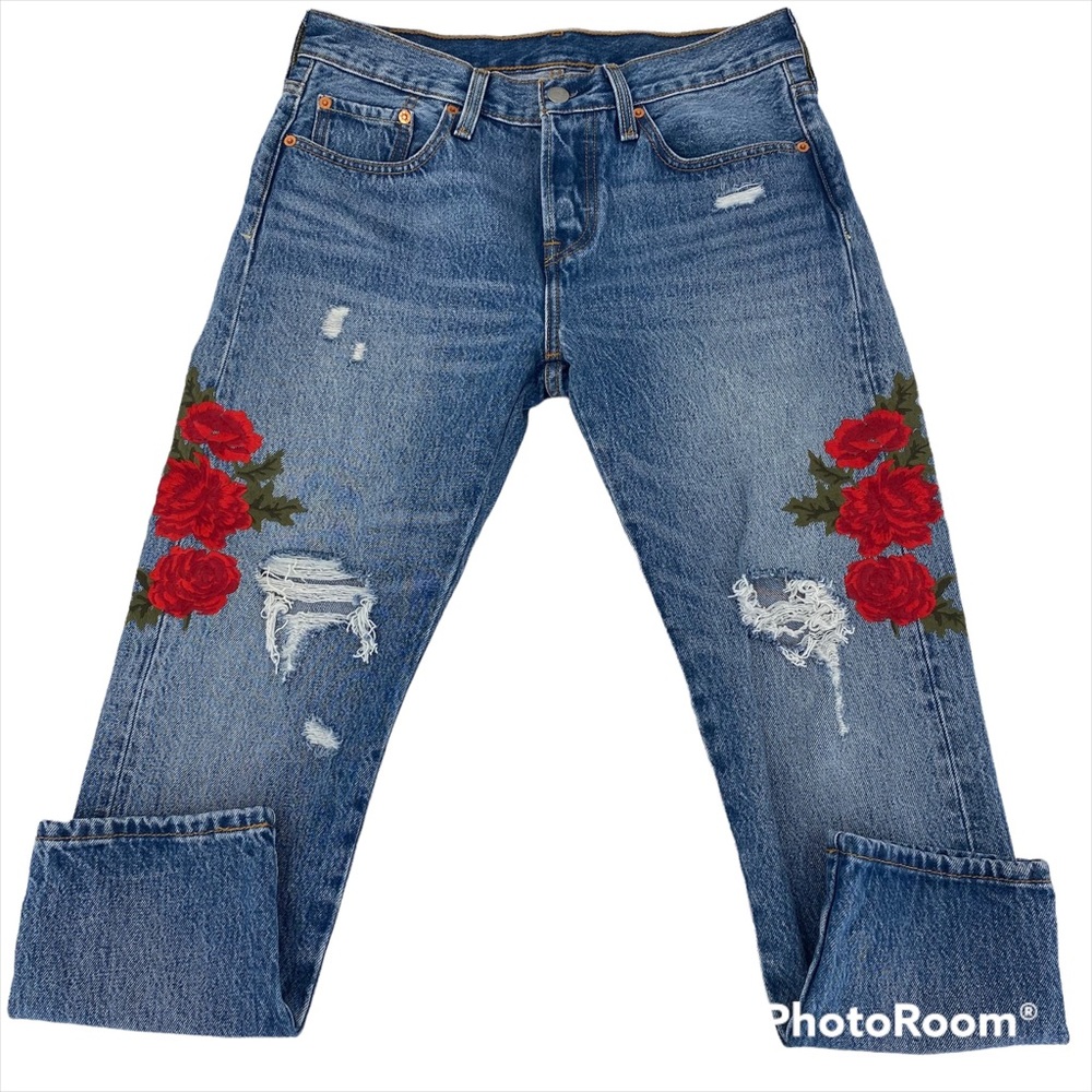 Levis 501 T Dark Wash Button-fly Distressed Ripped Ankle Jeans Rose Women 27x26